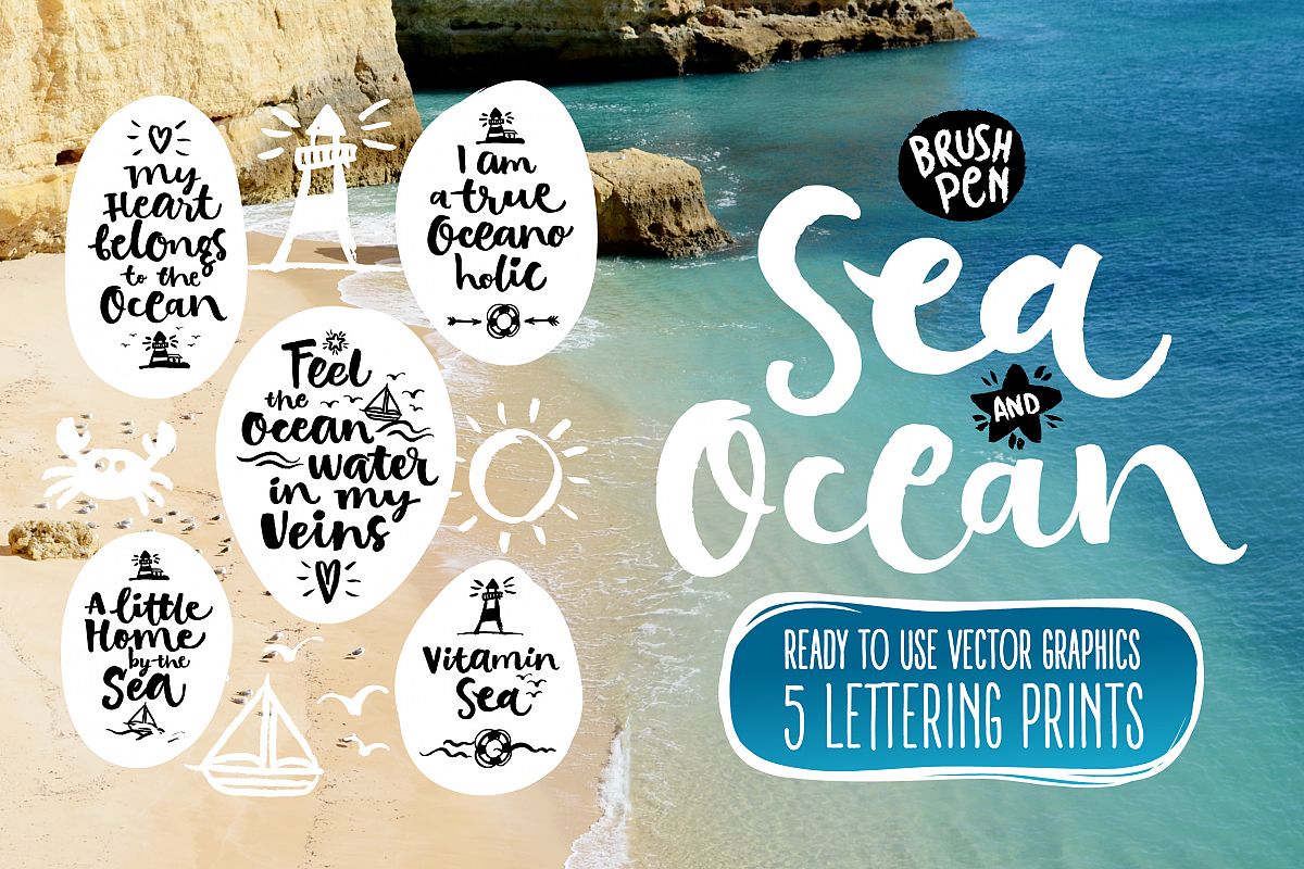 Vector SEA and OCEAN brushpen set example image 1