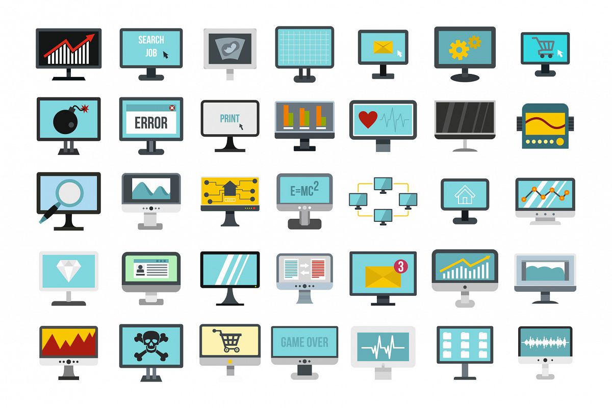 Monitor icon set, flat style example image 1
