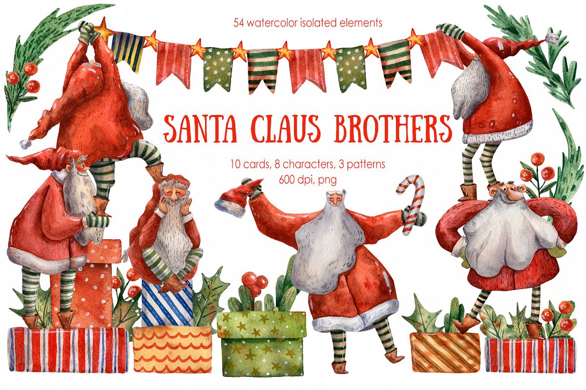 Santa Claus Brothers - Watercolor Clip Art Set example image 1