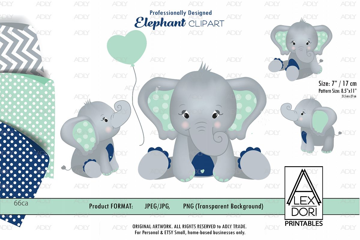 Mint and Navy Blue Baby Boy Elephant PNG with backgrounds-3 example image 1