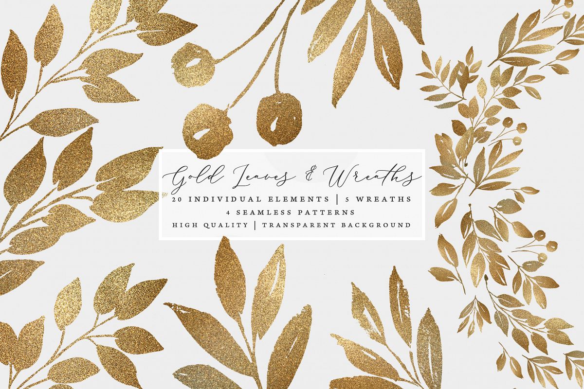 Gold leaves and wreaths, gold foil leaves clip art example image 1