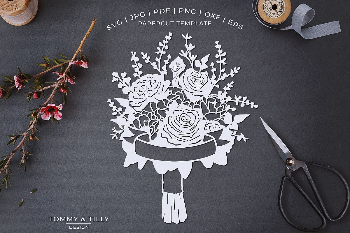 Romantic Floral Bouquet - Papercut Template SVG JPG PNG example image 1