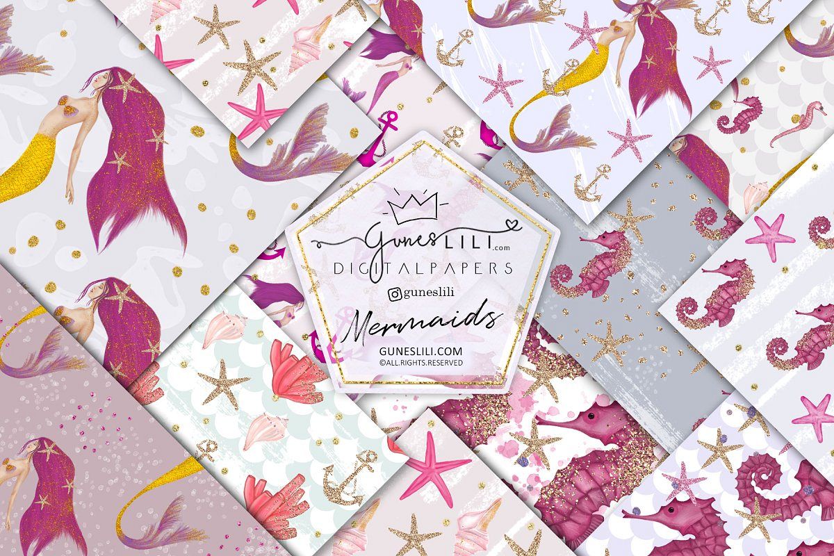 Pink Mermaids Digital Paper Seamless Pattern example image 1