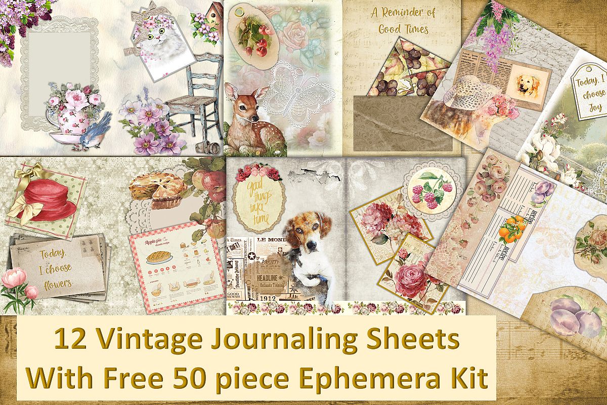 12 Vintage Journal Pages with FREE ephemera. Commercial Use example image 1