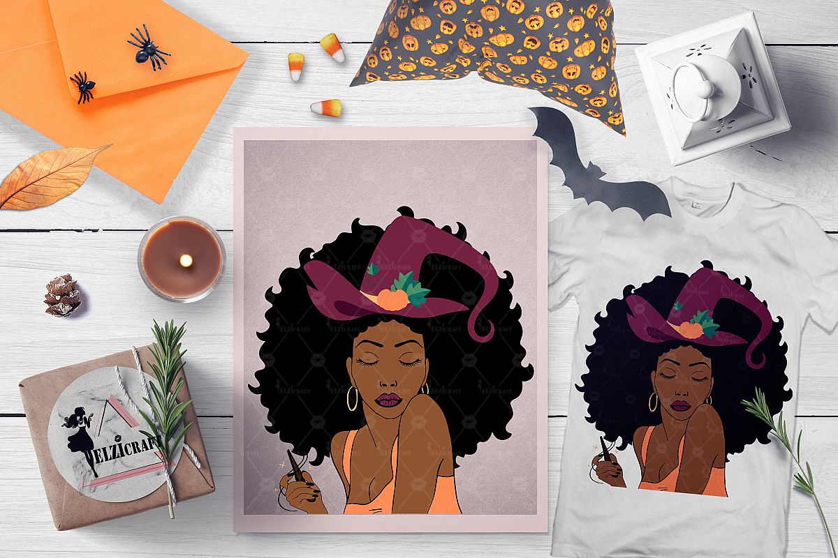 Halloween Afro Woman Witch Hat Magic Wand Wood SVG Cut File example image 1