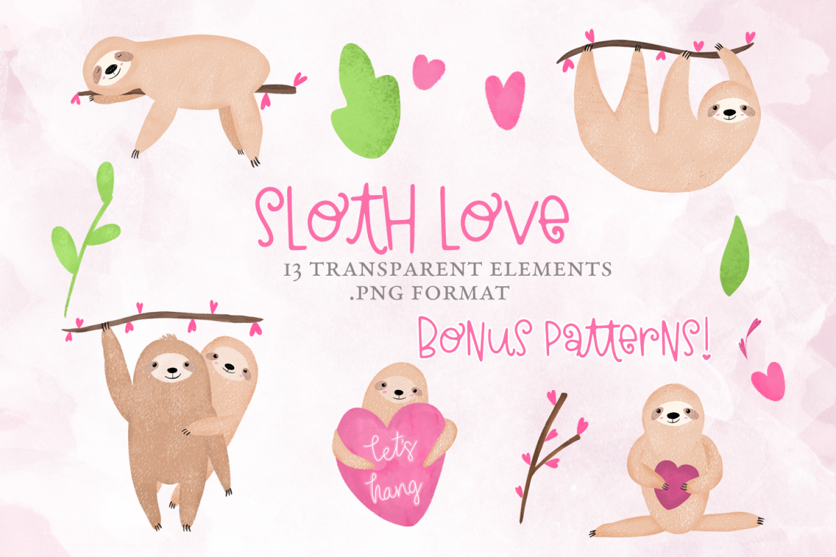 Sloth Love, Valentine's Day, Clipart example image 1