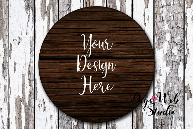 Wood Sign Mockup - Dark Wood Round Sign on Distressed Wood example image 1