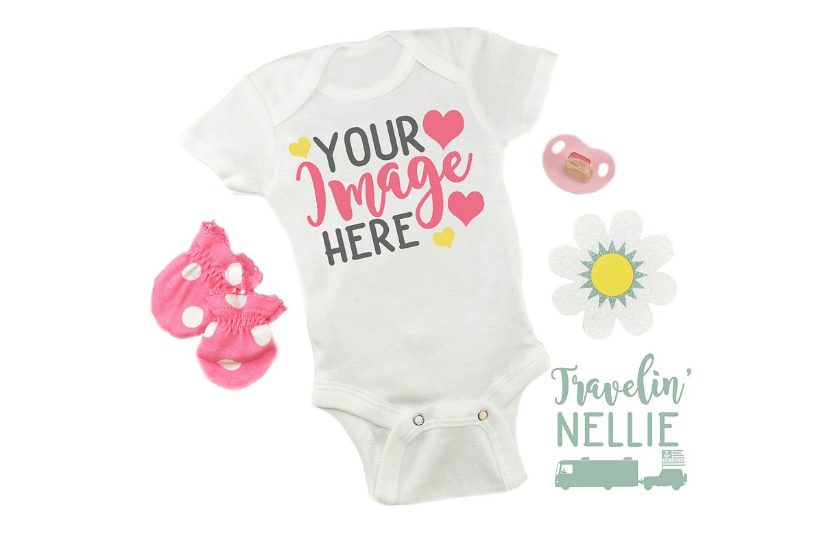 White Bodysuit Mockup Flat Lay Baby Girl Spring Mock Up Cute example image 1