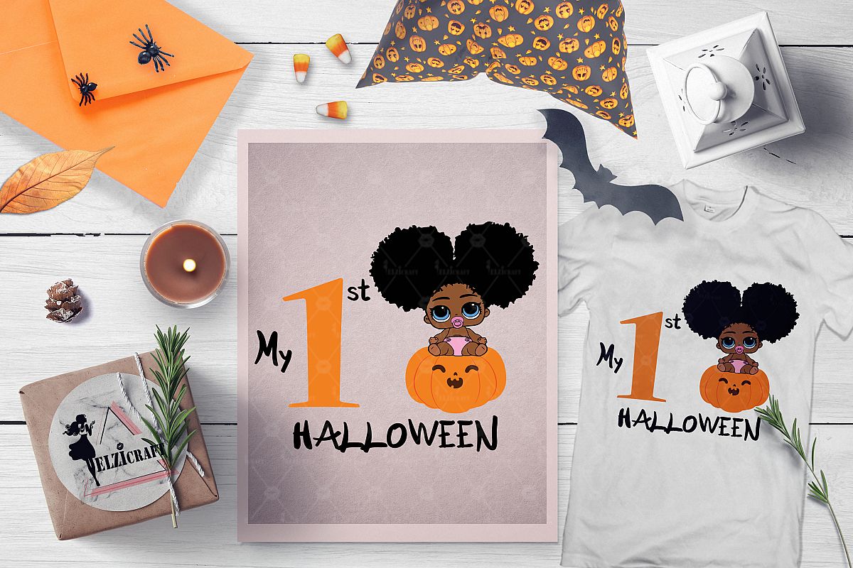 My 1st Halloween Afro Peeking Baby Girl Pumpkin Smile SVG example image 1