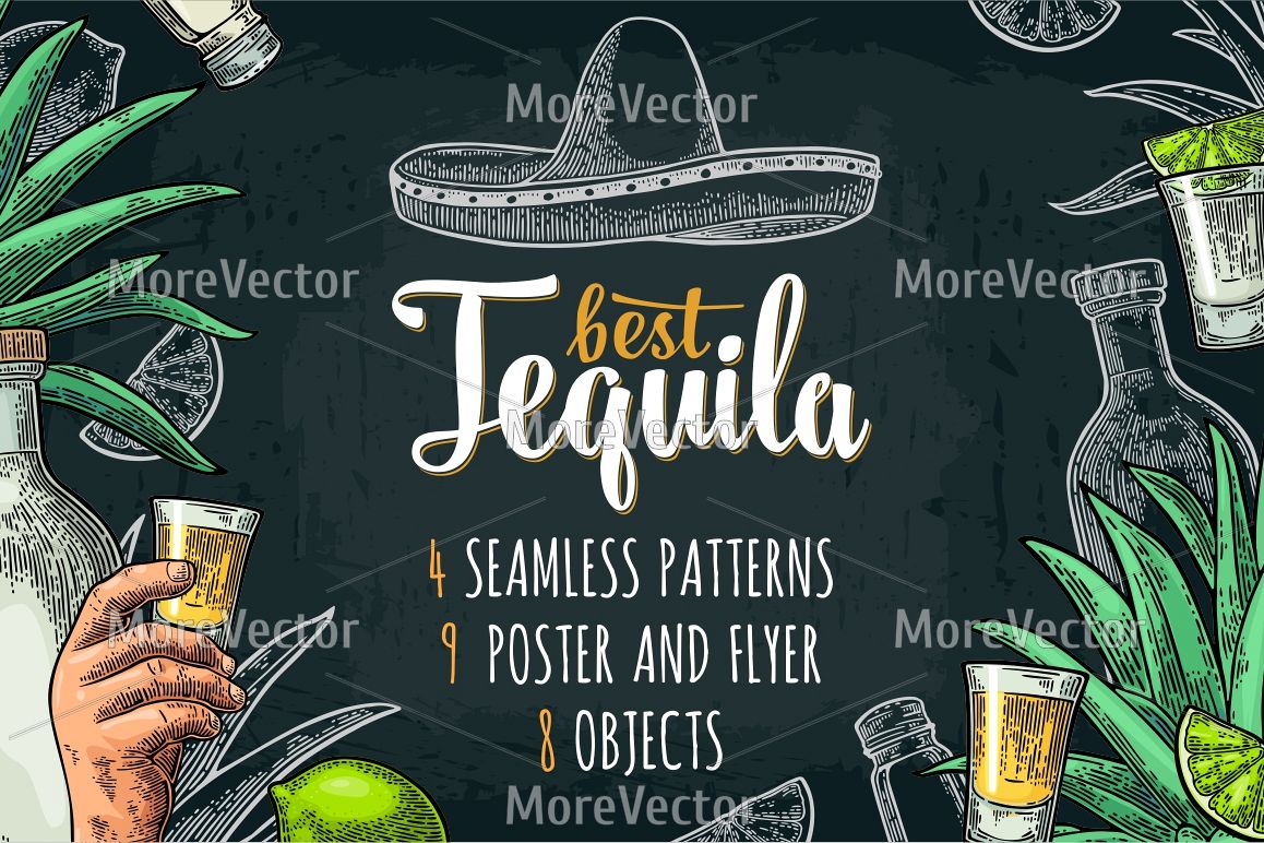 Illustration, pattern and posters Tequila with engraving. example image 1