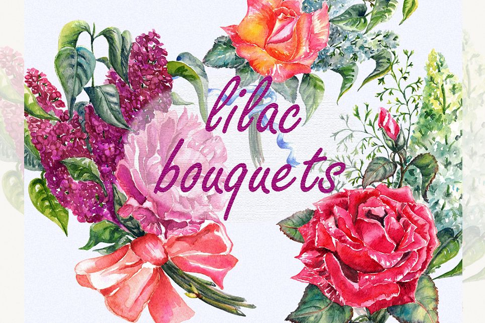 Floral bouquet clipart, Lilac clipart, rose clipart example image 1
