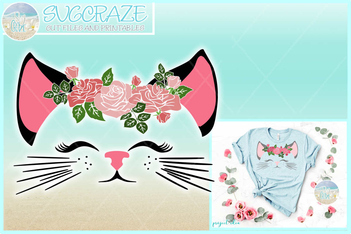 Cat Face With Roses Svg Dxf Eps Png Pdf Files example image 1
