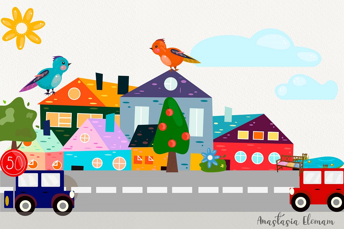 Town buildings with surrouding elements vector clipart set example image 1
