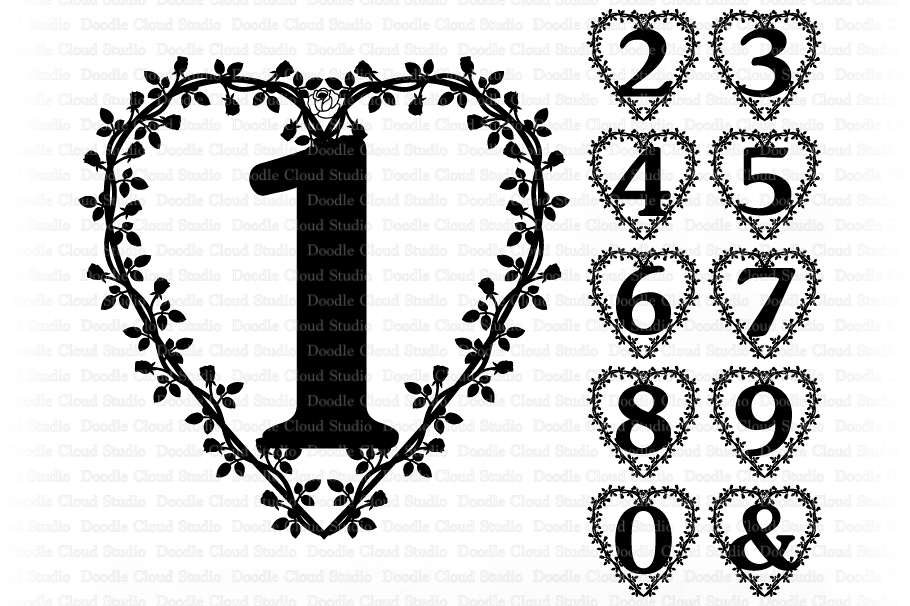 Download Floral Heart Numbers SVG Cut Files, Decorative Monogram.