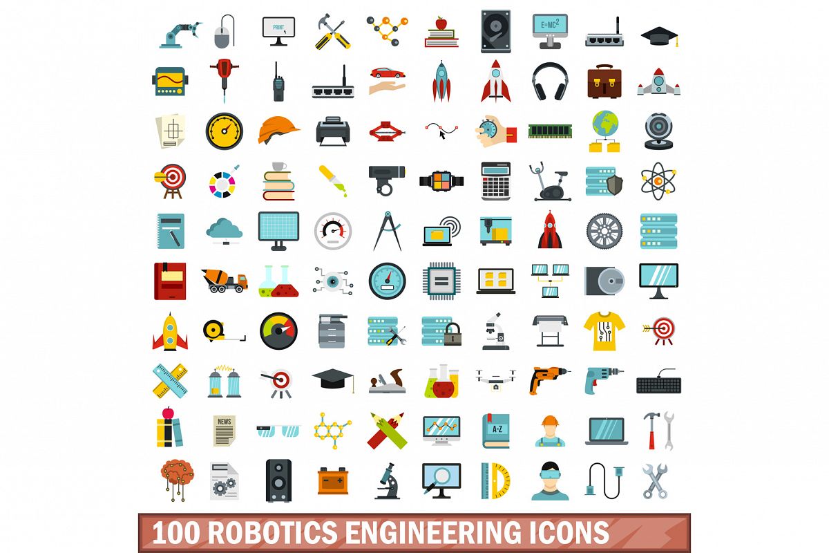 100 robotics engineering icons set, flat style example image 1