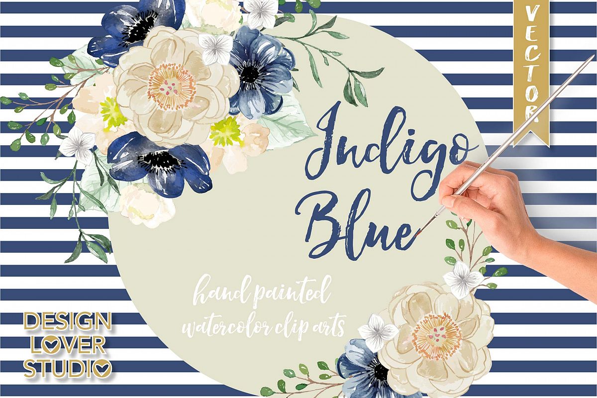 Watercolor Indigo Blue floral clip arts example image 1