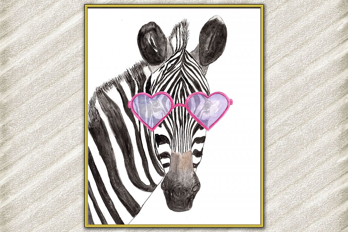 Funny Zebra Print, Watercolor Zebra,Animal with glasses example image 1