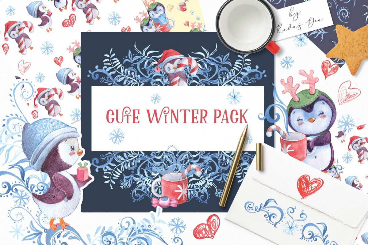 Christmas Penguins Pack CLIPARTS, DIGITAL PAPERS, BORDERS example image 1