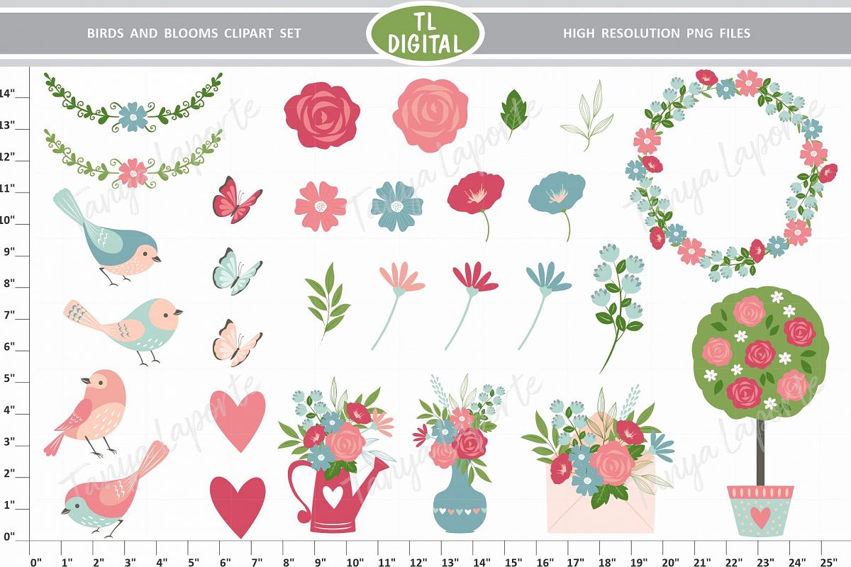 Birds and Bloom - Floral Love Clipart set - 29 Graphics example image 1