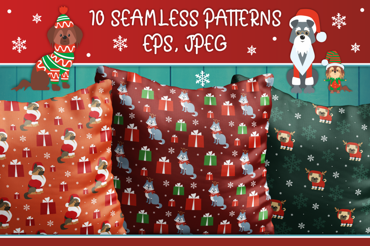 Woof. Christmas seamless patterns with cute doggies example image 1