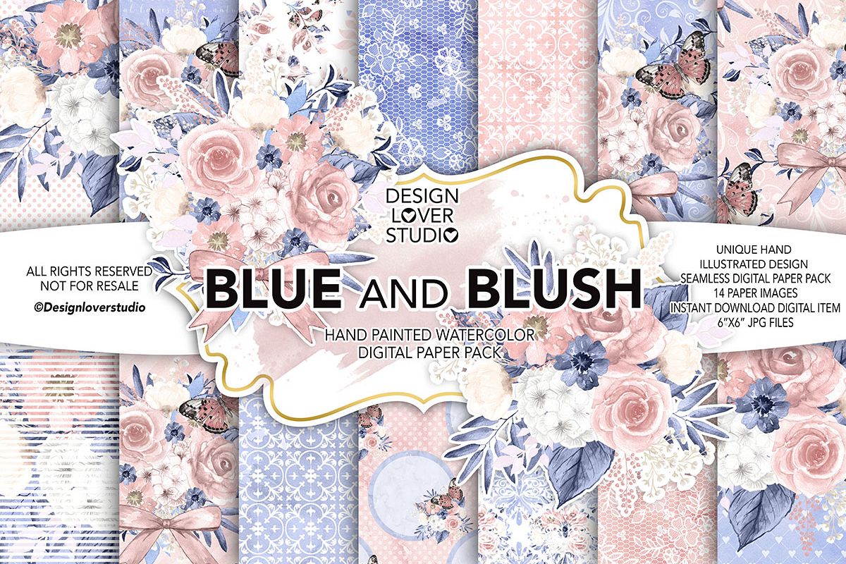 Watercolor BLUE and BLUSH digital paper pack example image 1