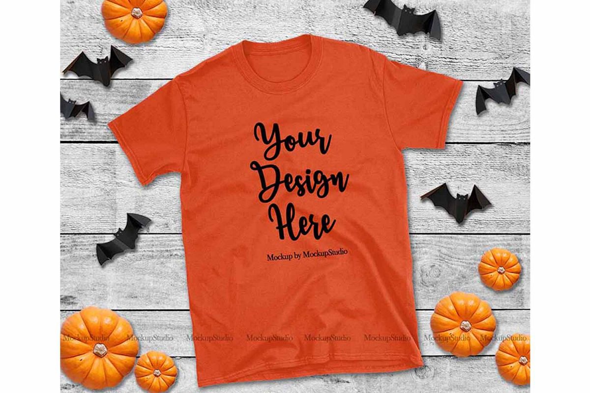 Download Halloween Fall Orange Gildan Tshirt Mock Up Flat Lay Display (134945) | Mock Ups | Design Bundles