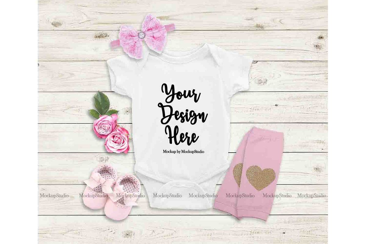 Baby Girl White Bodysuit Mockup, Newborn Onepiece Mock Up example image 1