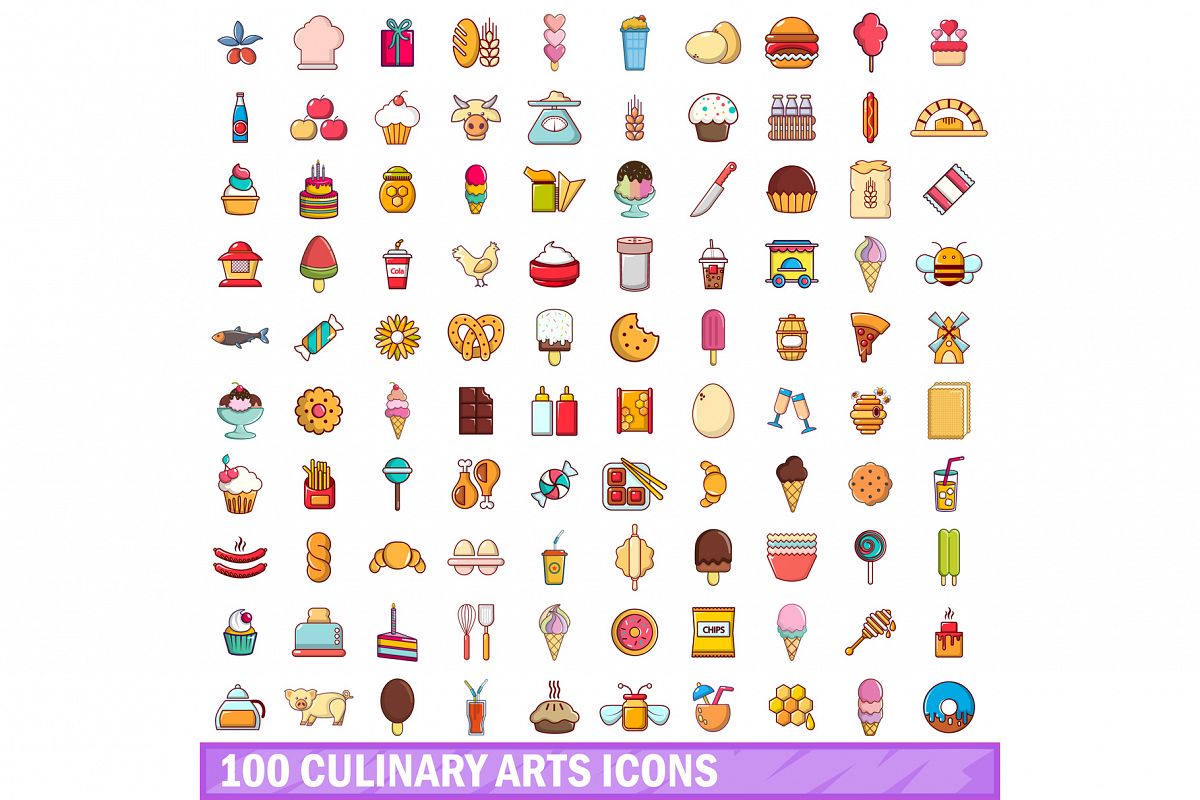 100 culinary arts icons set, cartoon style example image 1