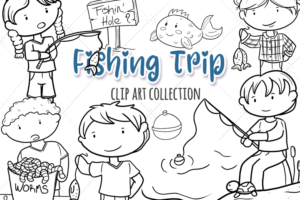 Kids Fishing Digital Stamps example image 1