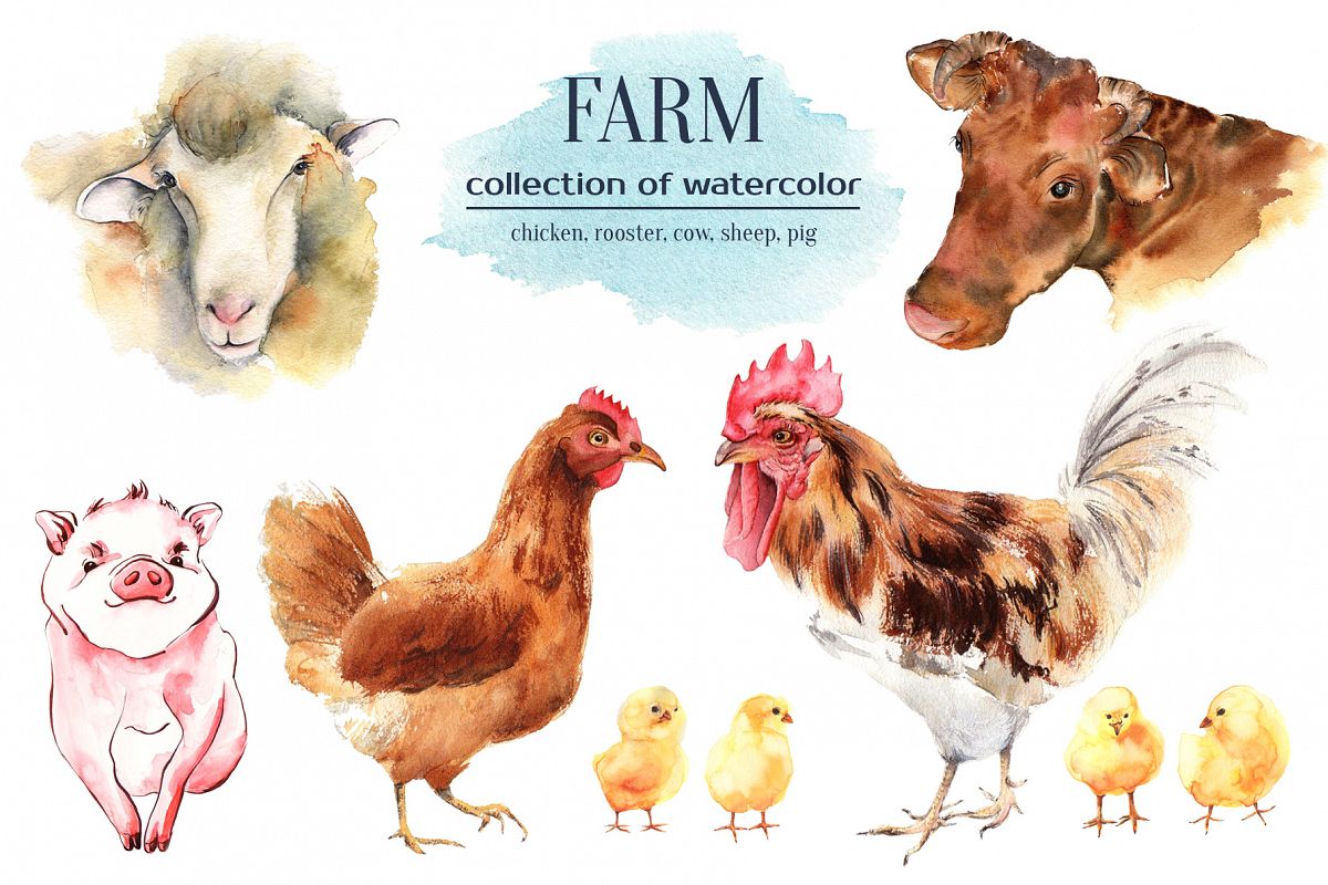 Farm animals watercolor collection example image 1