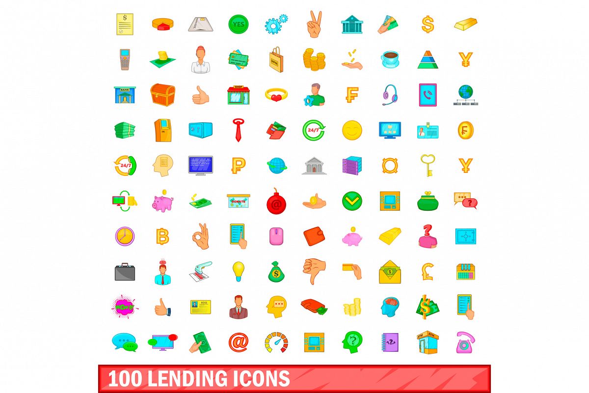 100 lending icons set, cartoon style example image 1