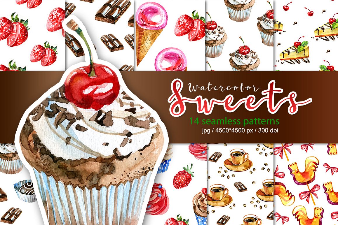Watercolor sweets seamless patterns. example image 1