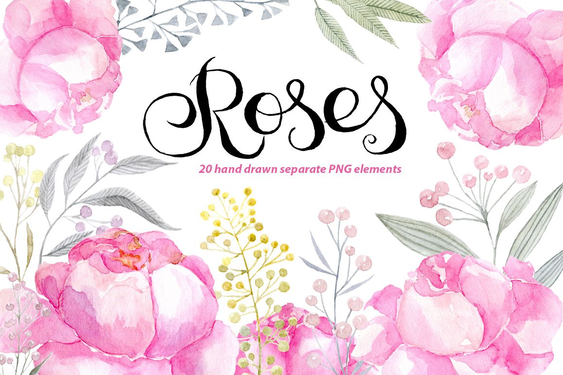 Watercolor pink roses png clipart example image 1