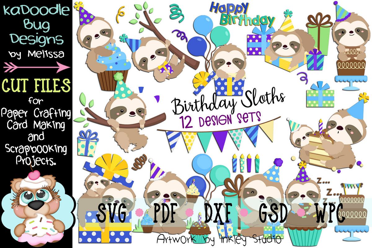 Birthday Sloth Bundle - 12 Cut File Designs - 20 Pieces SVG example image 1