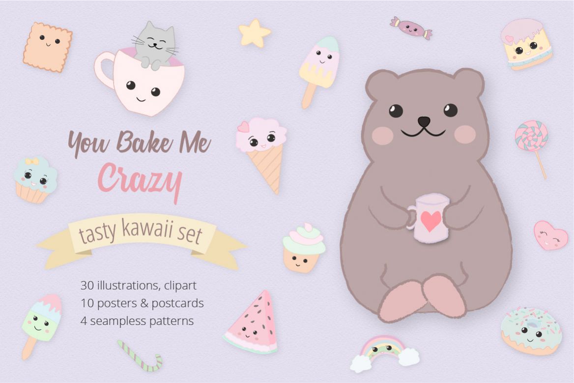 Sweet Kawaii Cute Cake Illustration Clipart Set example image 1