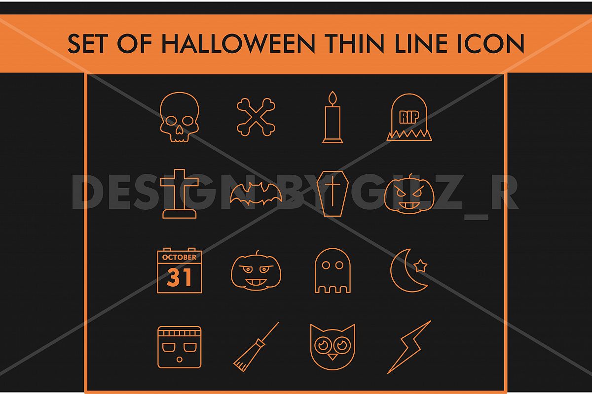 Set Halloween Thin Line Icon Monoline Orage Color Isolated in Black Background For Web, Mobile Application, Elements example image 1