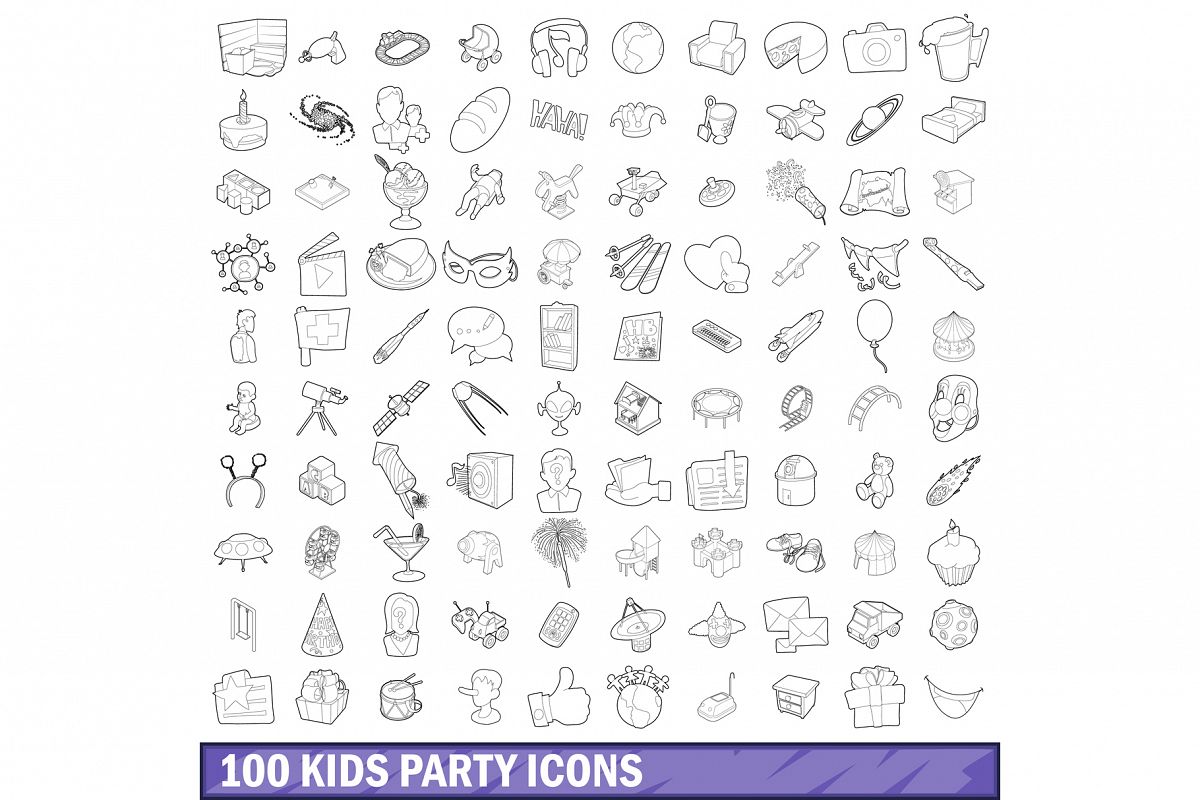 100 kids party icons set, outline style example image 1