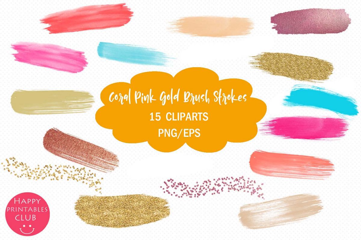 Coral Pink Gold Brush Strokes Clipart-Brush Strokes Clipart example image 1