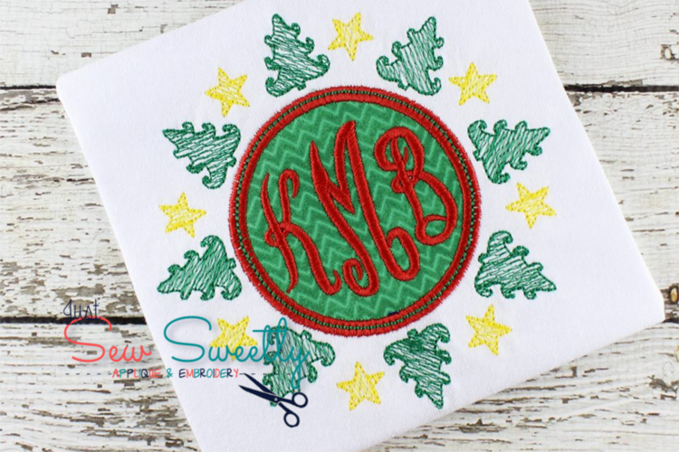 Christmas Tree Stars Sketch Monogram Frame Applique Design example image 1