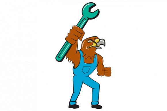Hawk Mechanic Standing Pipe Spanner Cartoon example image 1