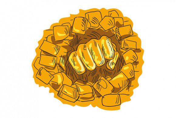 Clenched Fist Breaking Brick Stone Wall Drawing example image 1