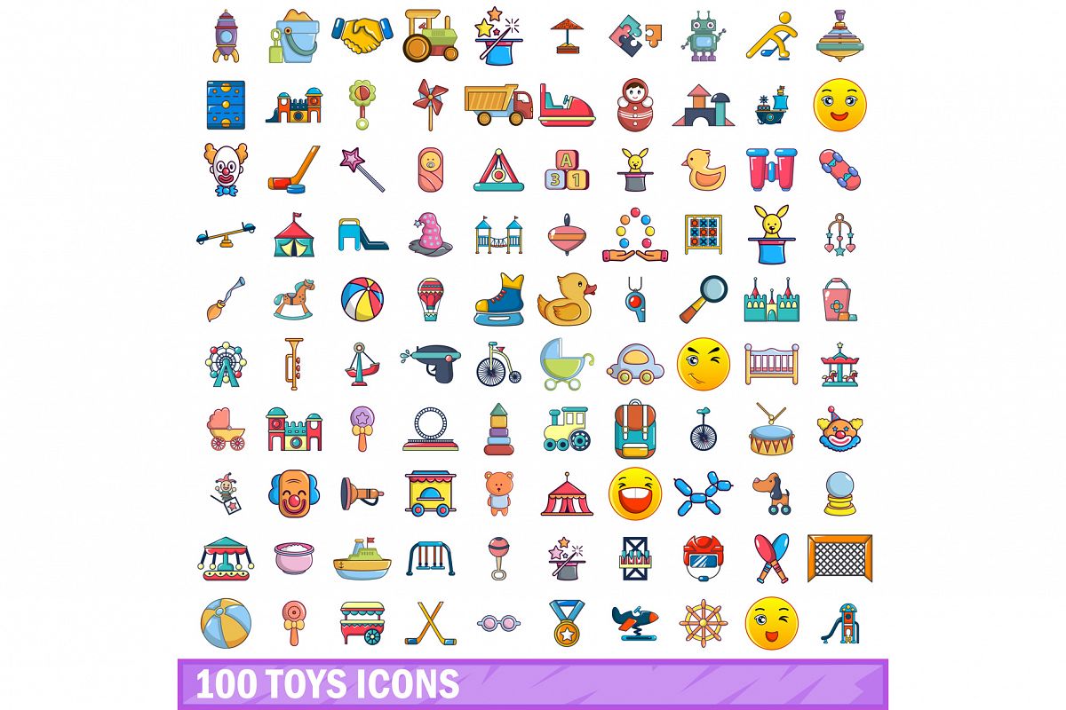 100 toys icons set, cartoon style example image 1