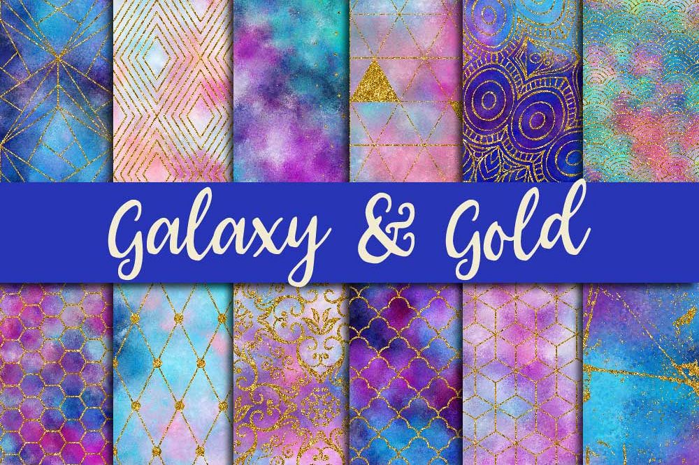 Galaxy & Gold Glitter Digital Paper example image 1