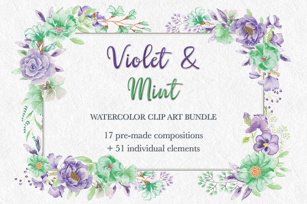 'Violet and Mint': watercolor clip art bundle example image 1
