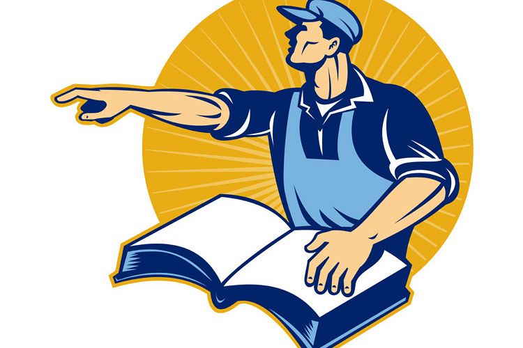 worker tradesman man read book pointing example image 1
