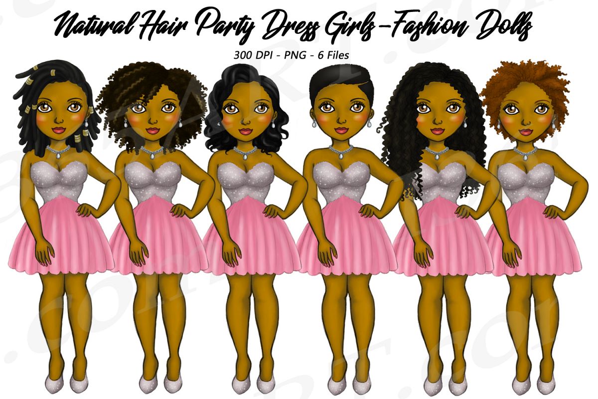 Party Dress Girls Natural Hair Clipart, Black Girl Dolls example image 1