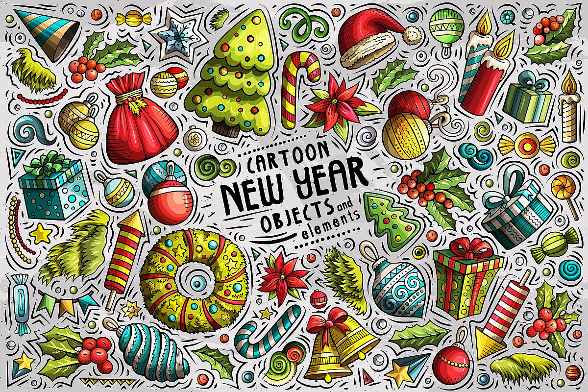 New Year Cartoon Objects Set example image 1