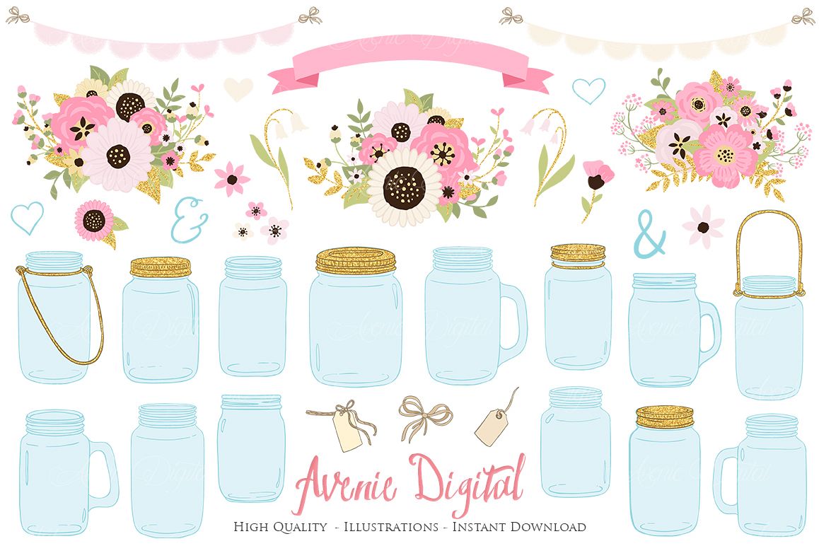 Pink and Gold Mason Jar Floral Wedding Clipart example image 1