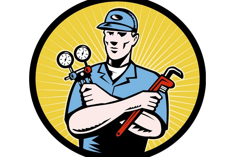 repairman serviceman holding ac manifold gauge wrench example image 1