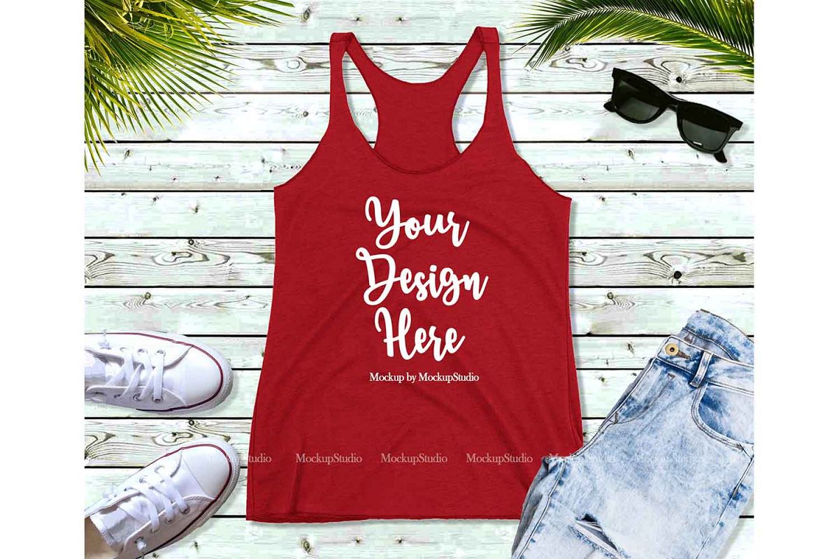 Red Tank Top Mockup, Racerback Tank Top Mock Up Flat Lay example image 1